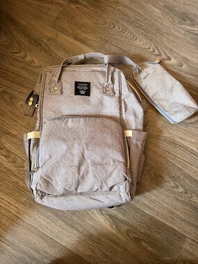 Light Taupe Baby Diaper Backpack with Detachable Pouch
